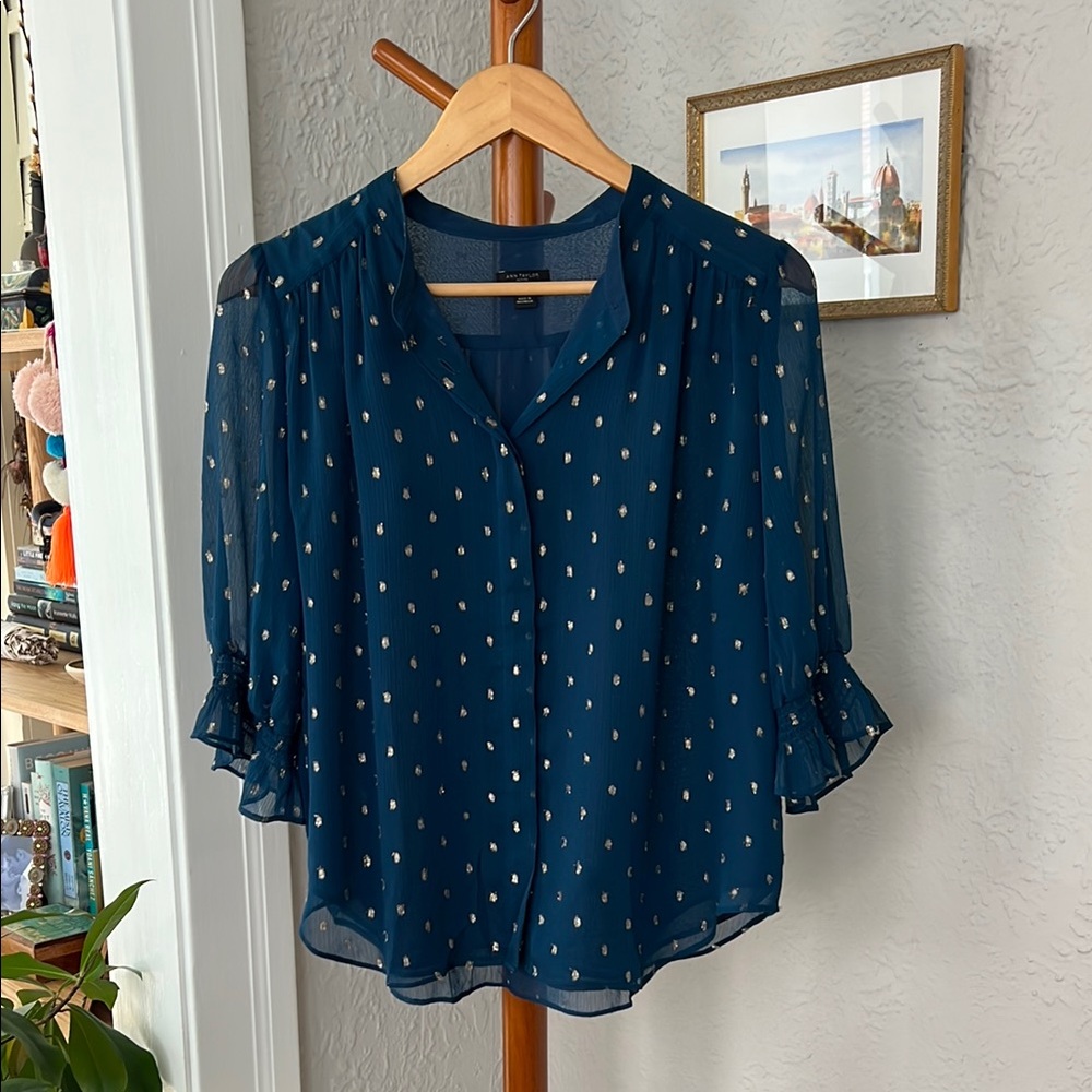 Ann Taylor Teal Blouse with Gold Accents // PL
